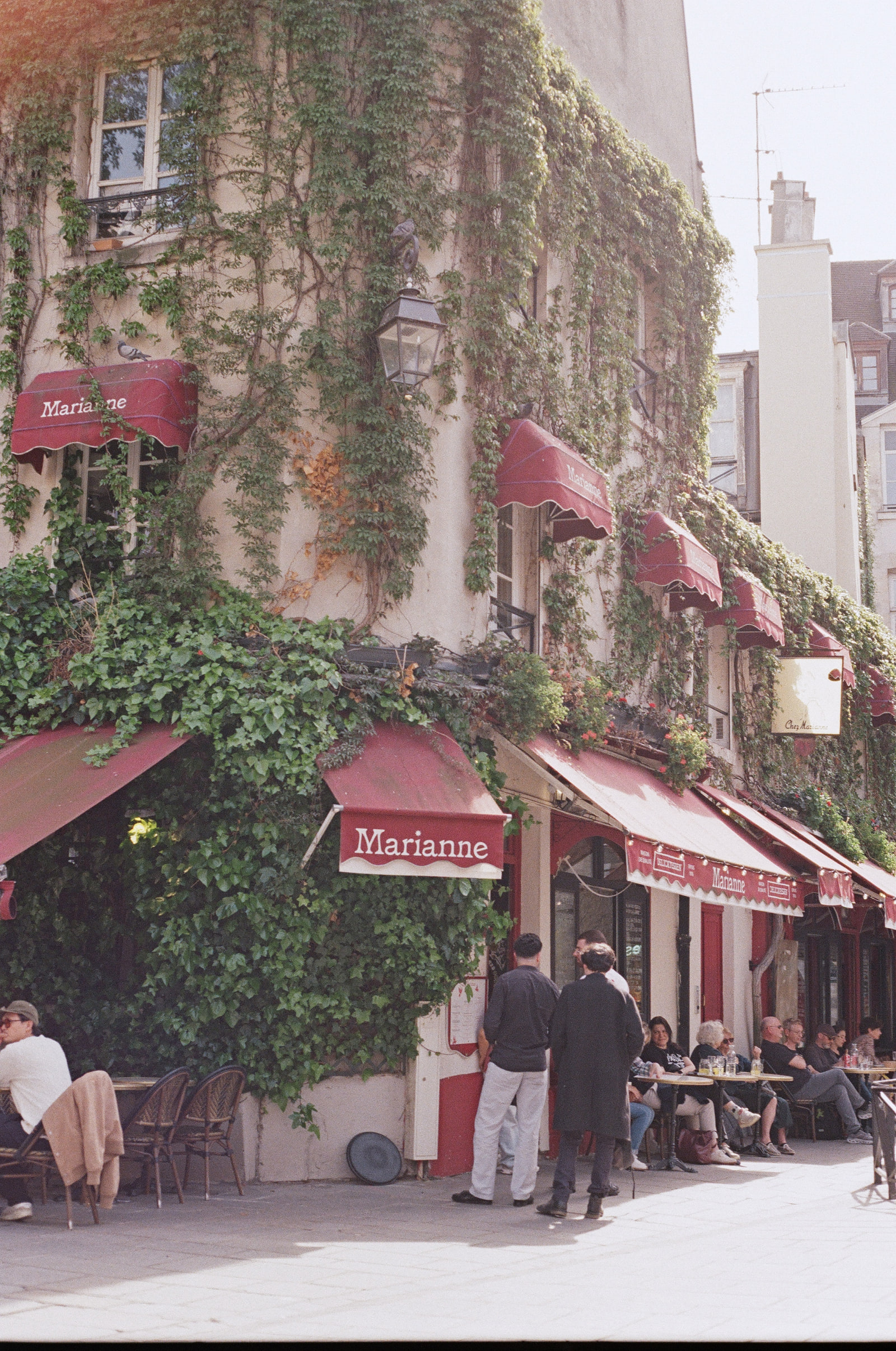 A Paris corner covered in ivy with a row of burgundy Marianne awnings receding along the facade, a lantern on the wall above, and people seated at small tables on the pavement below.