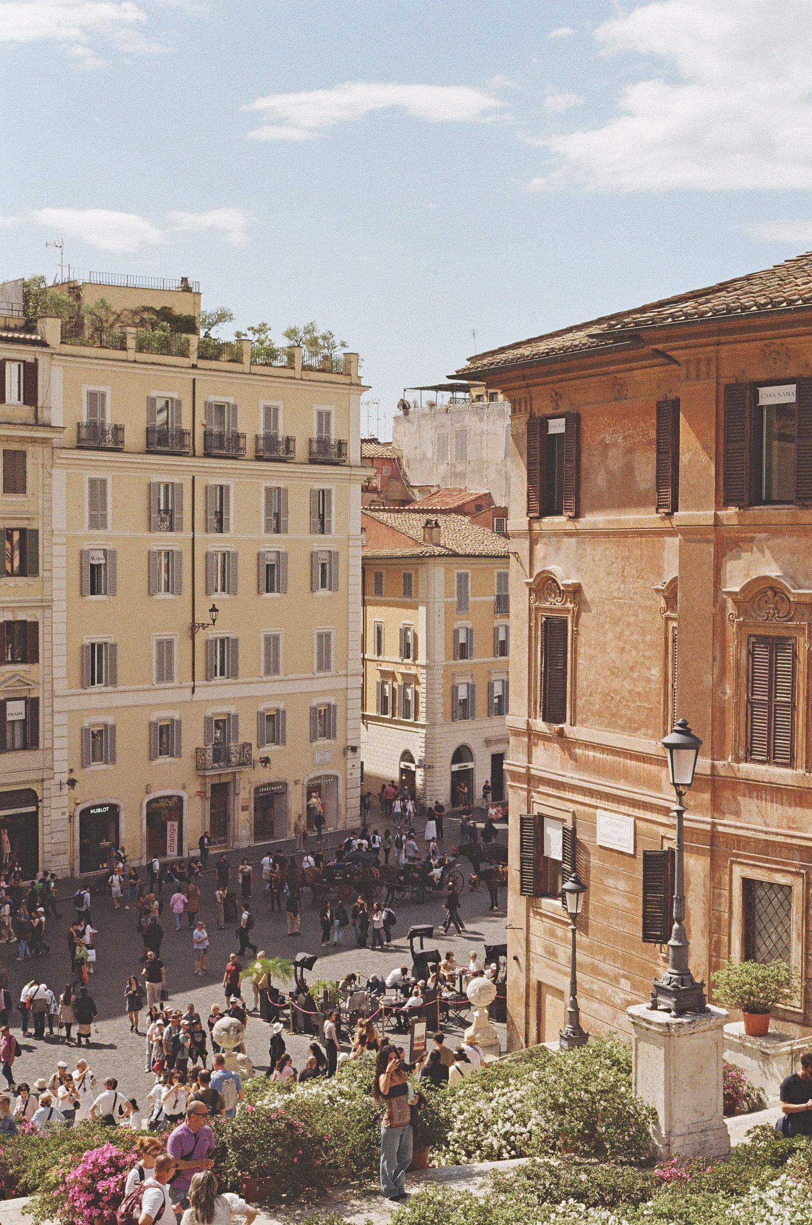 Piazza di Spagna in Rome seen from above, horse-drawn carriages waiting in the square, shop fronts along the far side, and pink and white flowers spilling across the foreground of the frame.